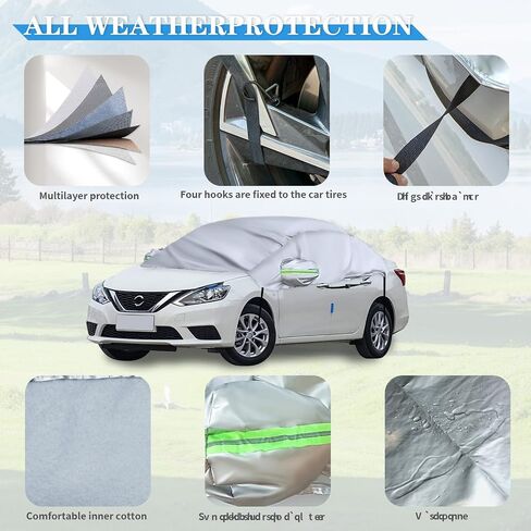 Bilisin Half Car Cover for Sedan, Waterproof Windshield Cover for Ice and Snow with Reflective Stripes Heavy Duty Outdoor Sunroof Cover All Weather Universal Fit for Most Sedan Cars in Saudi Arabia