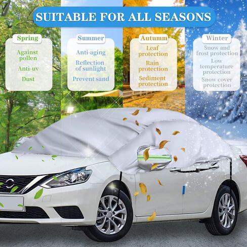 Bilisin Half Car Cover for Sedan, Waterproof Windshield Cover for Ice and Snow with Reflective Stripes Heavy Duty Outdoor Sunroof Cover All Weather Universal Fit for Most Sedan Cars in Saudi Arabia