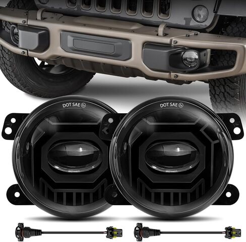 4 Inch LED Fog Lights Round White & Amber Compatible with Jeep Wrangler JK Unlimited JKU 2007-2018, DOT Approved Front Bumper Offroad Fog Lamps Assembly Replacement - Pair in Kuwait