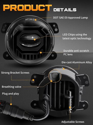 4 Inch LED Fog Lights Round White & Amber Compatible with Jeep Wrangler JK Unlimited JKU 2007-2018, DOT Approved Front Bumper Offroad Fog Lamps Assembly Replacement - Pair in Kuwait