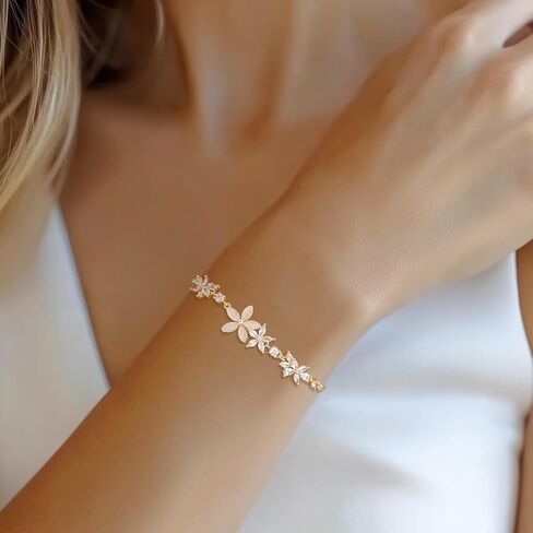 Dainty Gold Silver Flower Bracelets for Women, Sparkly Adjustable Box Chain Opal Rhinestone Slider Bracelet Spring Prom Holiday Jewelry Gift in Saudi Arabia