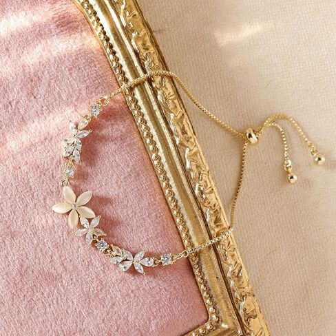 Dainty Gold Silver Flower Bracelets for Women, Sparkly Adjustable Box Chain Opal Rhinestone Slider Bracelet Spring Prom Holiday Jewelry Gift in Saudi Arabia