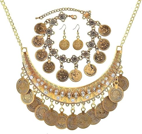3PC Bohemian Coin Necklace Bracelet Earrings Set Gypsy Women's Jewelry in Saudi Arabia