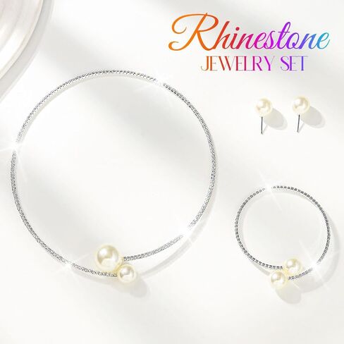 Unicra Pearl Bridal Wedding Jewelry Sets Silver Rhinestone Necklace Earrings Bracelet Set Prom Formal Costume Jewelry Set for Women and Brides in Saudi Arabia