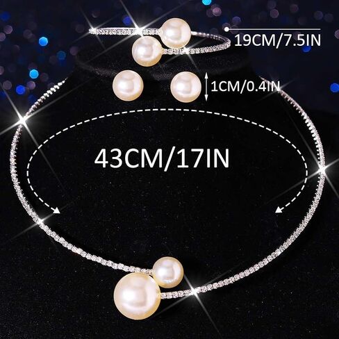 Unicra Pearl Bridal Wedding Jewelry Sets Silver Rhinestone Necklace Earrings Bracelet Set Prom Formal Costume Jewelry Set for Women and Brides in Saudi Arabia