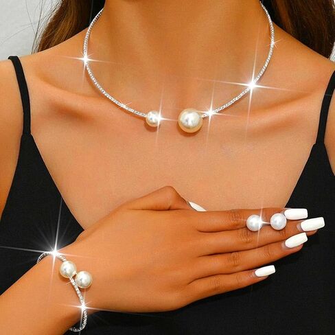 Unicra Pearl Bridal Wedding Jewelry Sets Silver Rhinestone Necklace Earrings Bracelet Set Prom Formal Costume Jewelry Set for Women and Brides in Saudi Arabia