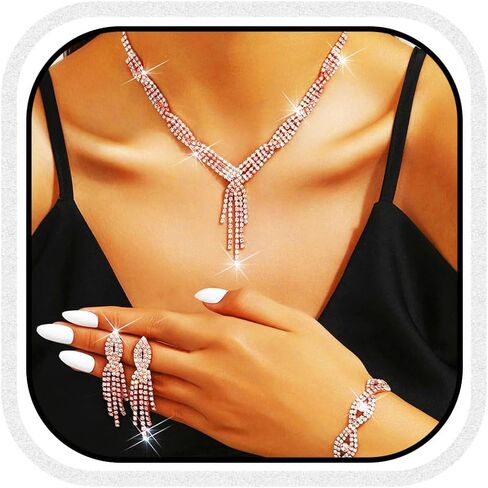 Aukmla Rhinestones Prom Bridal Jewelry Set Sparkly Wedding Necklace Earrings Bracelet Sets for Women and Brides in Saudi Arabia