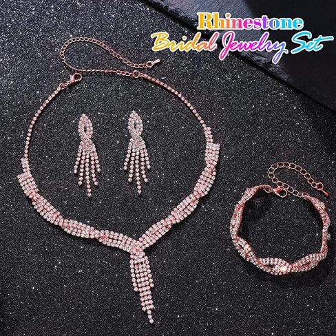 Aukmla Rhinestones Prom Bridal Jewelry Set Sparkly Wedding Necklace Earrings Bracelet Sets for Women and Brides in Saudi Arabia