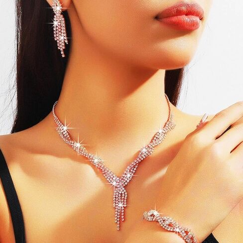 Aukmla Rhinestones Prom Bridal Jewelry Set Sparkly Wedding Necklace Earrings Bracelet Sets for Women and Brides in Saudi Arabia