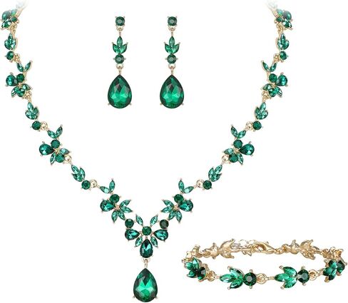 Crysdue Wedding Jewelry Set for Women Bride Bridesmaid, Stunning Marquise Rhinestone Crystal Floral Leaf Vine Pendant Necklace Dangle Earrings Bracelet for Prom Party in Saudi Arabia