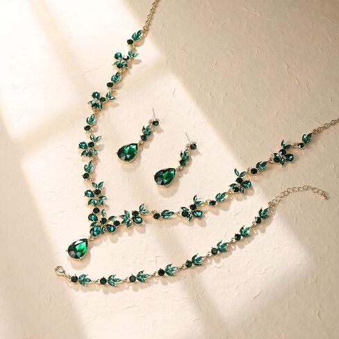 Crysdue Wedding Jewelry Set for Women Bride Bridesmaid, Stunning Marquise Rhinestone Crystal Floral Leaf Vine Pendant Necklace Dangle Earrings Bracelet for Prom Party in Saudi Arabia