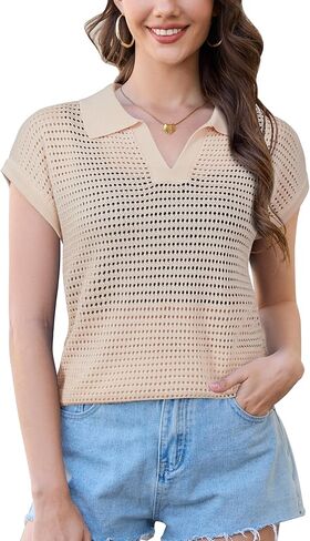 Arach & Cloz 2025 Women's Crochet Cap Sleeve Tops Remps Spring Summer Dirtts Lightweight Collared Hollow Out Disual Blouses in Kuwait
