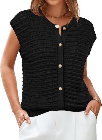 Arach&Cloz Women Cap Sleeve Sweater Vest 2025 Summer Crochet Button Down Knit Cardigan Loose Business Casual Tops Trendy in Saudi Arabia