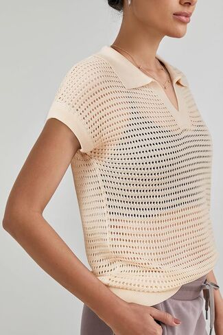 Arach & Cloz 2025 Women's Crochet Cap Sleeve Tops Remps Spring Summer Dirtts Lightweight Collared Hollow Out Disual Blouses in Kuwait