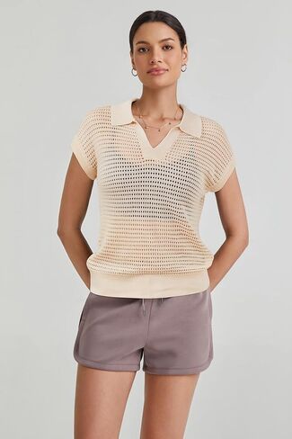 Arach & Cloz 2025 Women's Crochet Cap Sleeve Tops Remps Spring Summer Dirtts Lightweight Collared Hollow Out Disual Blouses in Kuwait