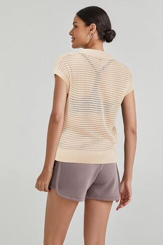 Arach & Cloz 2025 Women's Crochet Cap Sleeve Tops Remps Spring Summer Dirtts Lightweight Collared Hollow Out Disual Blouses in Kuwait