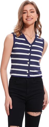 Women's Vest V Neck Striped Lightweight Sleeveless Sweater Button Up Knit Tops Summer Casual Outfits in Kuwait