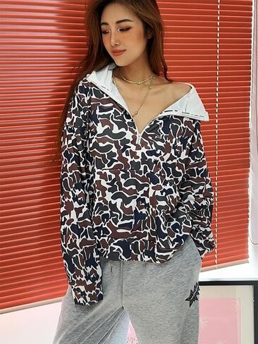 Oversized Quarter Zip Pullover Women Camo Zip Up Hoodie Purple Camo Hoodie Womens Colorful Patchwork Graphic Hoodies in Saudi Arabia