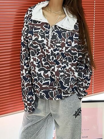 Oversized Quarter Zip Pullover Women Camo Zip Up Hoodie Purple Camo Hoodie Womens Colorful Patchwork Graphic Hoodies in Saudi Arabia