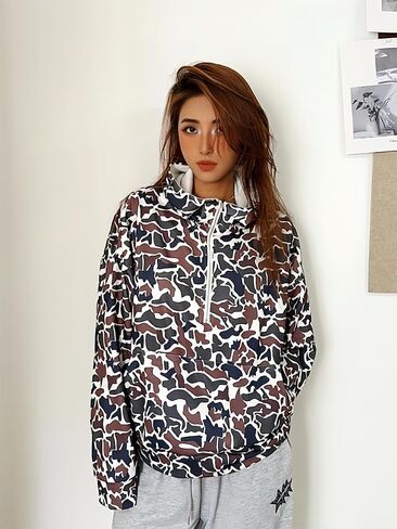 Oversized Quarter Zip Pullover Women Camo Zip Up Hoodie Purple Camo Hoodie Womens Colorful Patchwork Graphic Hoodies in Saudi Arabia