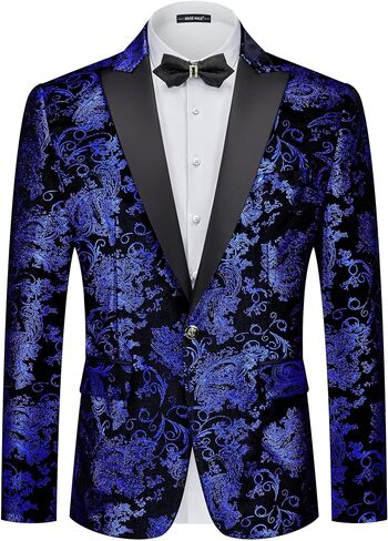 MAGE MALE Men's Velvet Floral Tuxedo Peak Lapel One Button Dinner Party Prom Wedding Suit Jacket in Saudi Arabia