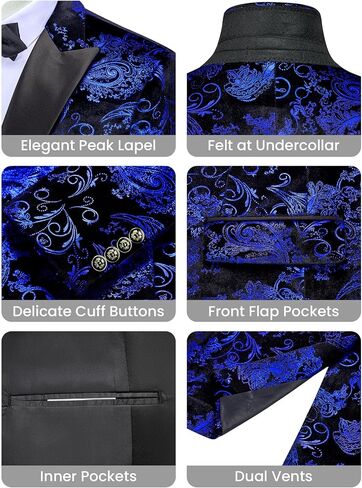 MAGE MALE Men's Velvet Floral Tuxedo Peak Lapel One Button Dinner Party Prom Wedding Suit Jacket in Saudi Arabia