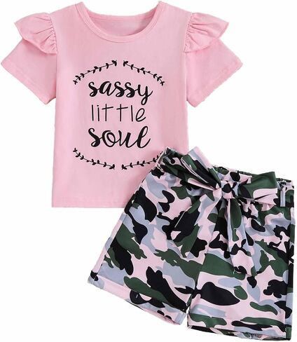 Toddler Girl Clothes Cute Ruffle Short Sleeve Letter Print Tops High Waist Shorts Girls Summer Outfits 2-6T in Saudi Arabia