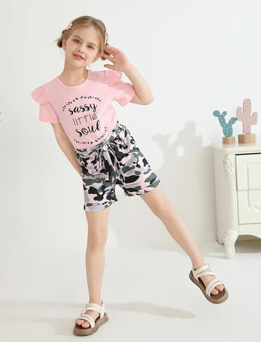 Toddler Girl Clothes Cute Ruffle Short Sleeve Letter Print Tops High Waist Shorts Girls Summer Outfits 2-6T in Saudi Arabia