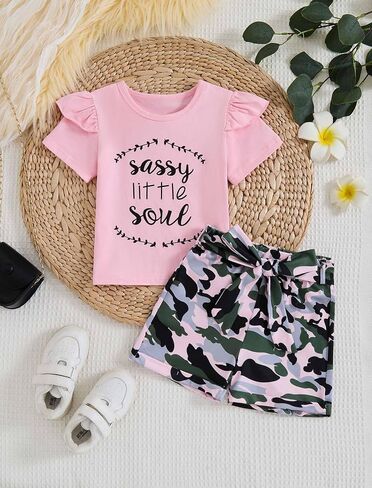 Toddler Girl Clothes Cute Ruffle Short Sleeve Letter Print Tops High Waist Shorts Girls Summer Outfits 2-6T in Saudi Arabia