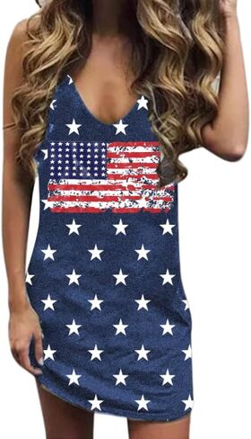 BANGELY American Flag Dresses for Women 4th of July Patriotic Sleeveless Dress Stars Stripe Deep V Neck Mini Tank Dress in Saudi Arabia