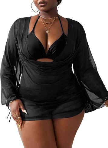 WODECASA Women's Plus Size 3 Piece Swimsuits Halter Triangle Bikini Set with Drawstring Semi Sheer Cover Up Bathing Suit in Saudi Arabia