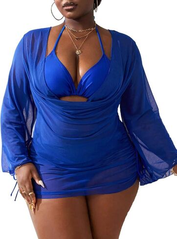 WODECASA Women's Plus Size 3 Piece Swimsuits Halter Triangle Bikini Set with Drawstring Semi Sheer Cover Up Bathing Suit in Saudi Arabia