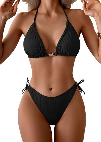 Eomenie Ribbed Bikini Sets for Women Sexy Halter Triangle Top Two Piece Bathing Suit Tie Side Swimsuit in Kuwait