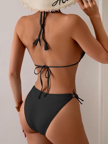 Eomenie Ribbed Bikini Sets for Women Sexy Halter Triangle Top Two Piece Bathing Suit Tie Side Swimsuit in Kuwait