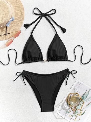 Eomenie Ribbed Bikini Sets for Women Sexy Halter Triangle Top Two Piece Bathing Suit Tie Side Swimsuit in Kuwait