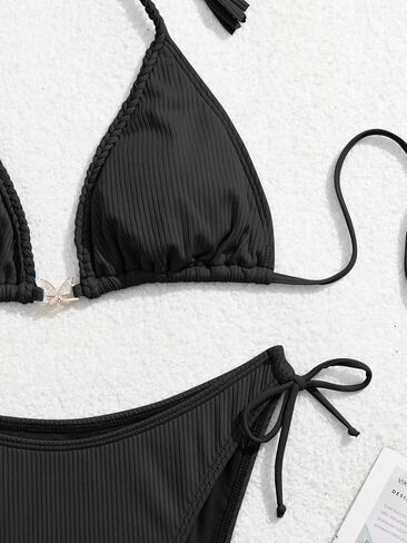 Eomenie Ribbed Bikini Sets for Women Sexy Halter Triangle Top Two Piece Bathing Suit Tie Side Swimsuit in Kuwait