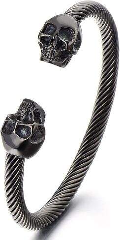 COOLSTEELANDBEYOND Elastic Adjustable Unique Mens Skull Cuff Bangle Steel Twisted Cable Bracelet Polished in Saudi Arabia