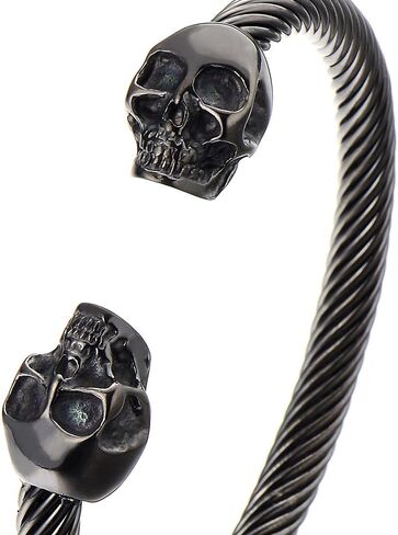 COOLSTEELANDBEYOND Elastic Adjustable Unique Mens Skull Cuff Bangle Steel Twisted Cable Bracelet Polished in Saudi Arabia