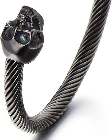 COOLSTEELANDBEYOND Elastic Adjustable Unique Mens Skull Cuff Bangle Steel Twisted Cable Bracelet Polished in Saudi Arabia
