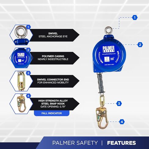 SRD 30 FT. Self Retracting Lifeline I ANSI Z359.14-2021 Class 1 I SRL Device Swivel Top Galvanized Cable w/Small Steel Snap Hook I Fall Arrest Safety Yoyo | SRL Device, Swivel Top Galvanized Steel Wire Rope & Steel Snap Hook, Fall Arrest Safety Yoyo, Fall in Kuwait