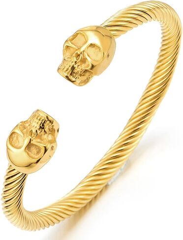 COOLSTEELANDBEYOND Elastic Adjustable Unique Mens Skull Cuff Bangle Steel Twisted Cable Bracelet Polished in Saudi Arabia