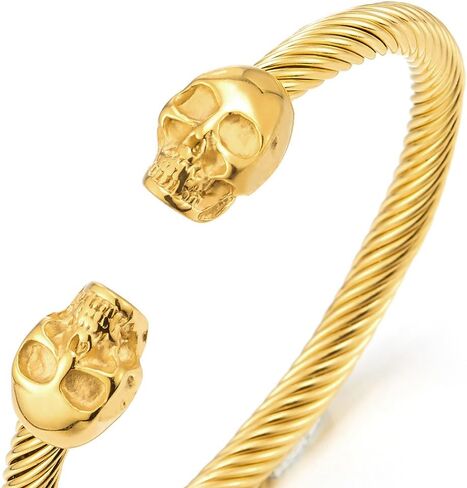 COOLSTEELANDBEYOND Elastic Adjustable Unique Mens Skull Cuff Bangle Steel Twisted Cable Bracelet Polished in Saudi Arabia
