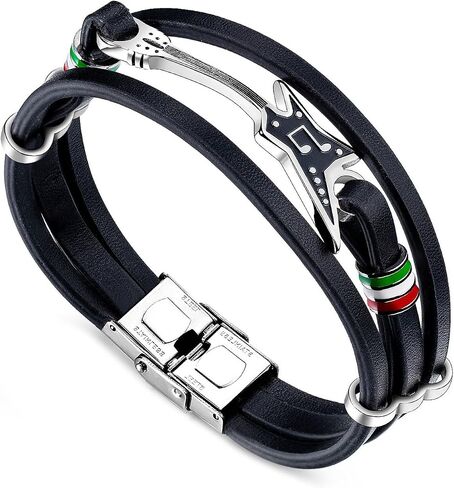Mens Punk Rock Stainless Steel Guitar Wristband Multi Layered Leather Cuff Bracelet in Saudi Arabia