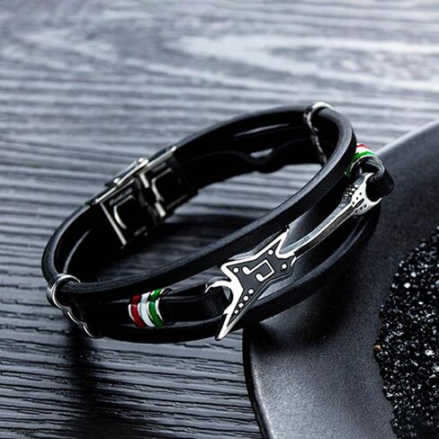 Mens Punk Rock Stainless Steel Guitar Wristband Multi Layered Leather Cuff Bracelet in Saudi Arabia