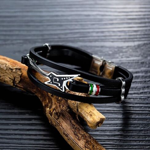 Mens Punk Rock Stainless Steel Guitar Wristband Multi Layered Leather Cuff Bracelet in Saudi Arabia