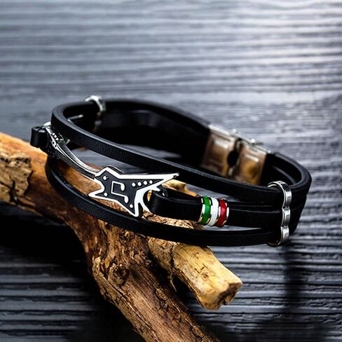 Mens Punk Rock Stainless Steel Guitar Wristband Multi Layered Leather Cuff Bracelet in Saudi Arabia