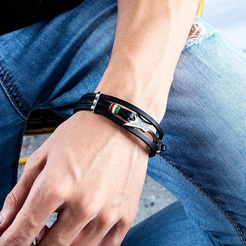 Mens Punk Rock Stainless Steel Guitar Wristband Multi Layered Leather Cuff Bracelet in Saudi Arabia