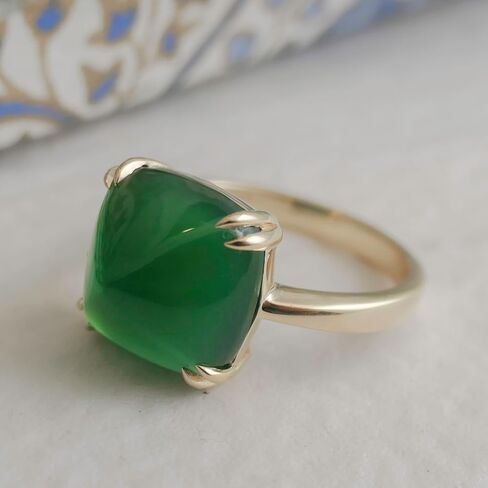 Green Onyx Sugar Loaf Cut Gold Plated Sterling Silver Ring - Natural Gem Gemstone - Birthday Valentine's Mother's Day Gift - Handmade Jewelry Gift Ideas for Women (9) in Kuwait