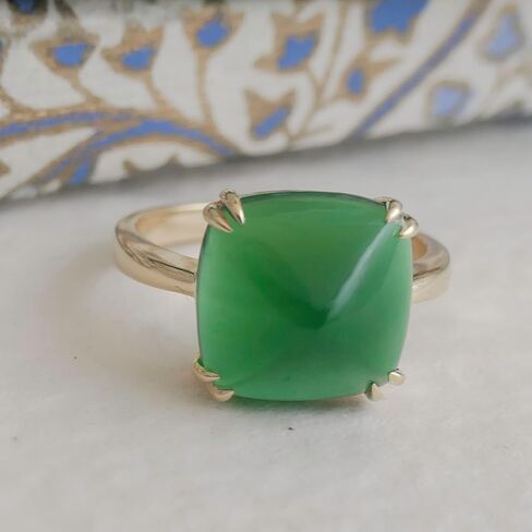 Green Onyx Sugar Loaf Cut Gold Plated Sterling Silver Ring - Natural Gem Gemstone - Birthday Valentine's Mother's Day Gift - Handmade Jewelry Gift Ideas for Women (9) in Kuwait
