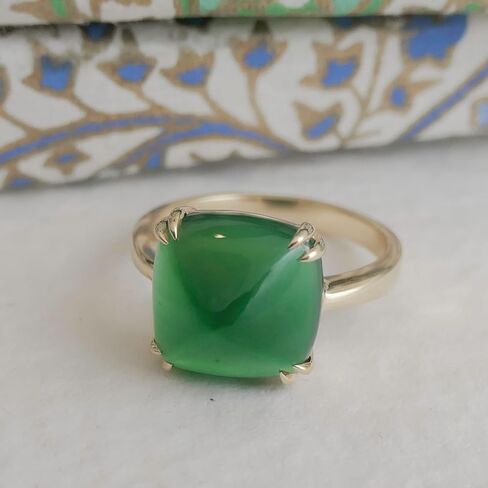 Green Onyx Sugar Loaf Cut Gold Plated Sterling Silver Ring - Natural Gem Gemstone - Birthday Valentine's Mother's Day Gift - Handmade Jewelry Gift Ideas for Women (9) in Kuwait